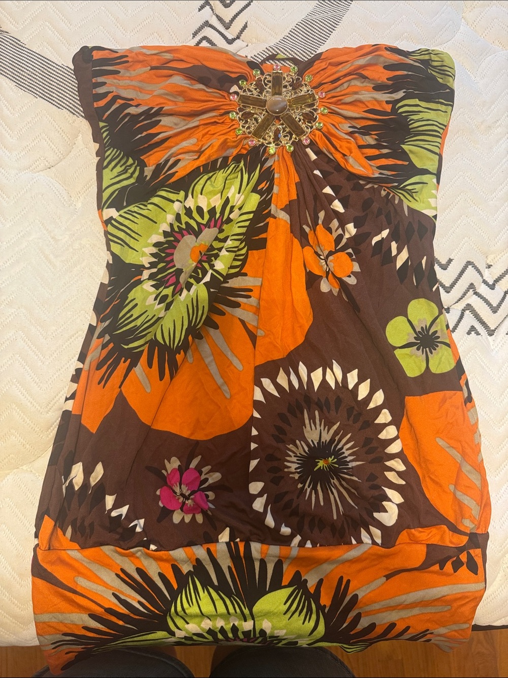 Sky Strapless Floral Dress in Orange, Brown and Green